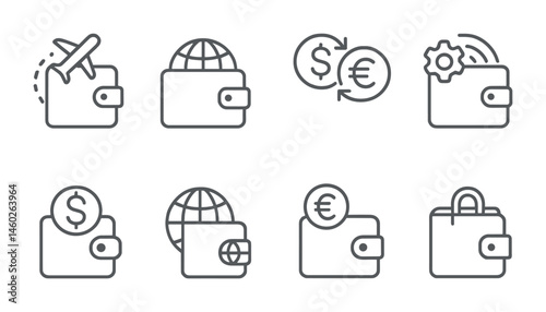Line style icons of wallets: wallet travel mode, cross-border payment wallet, currency conversion wallet, wallet roaming settings, international wallet fees, global payment compatibility, foreign