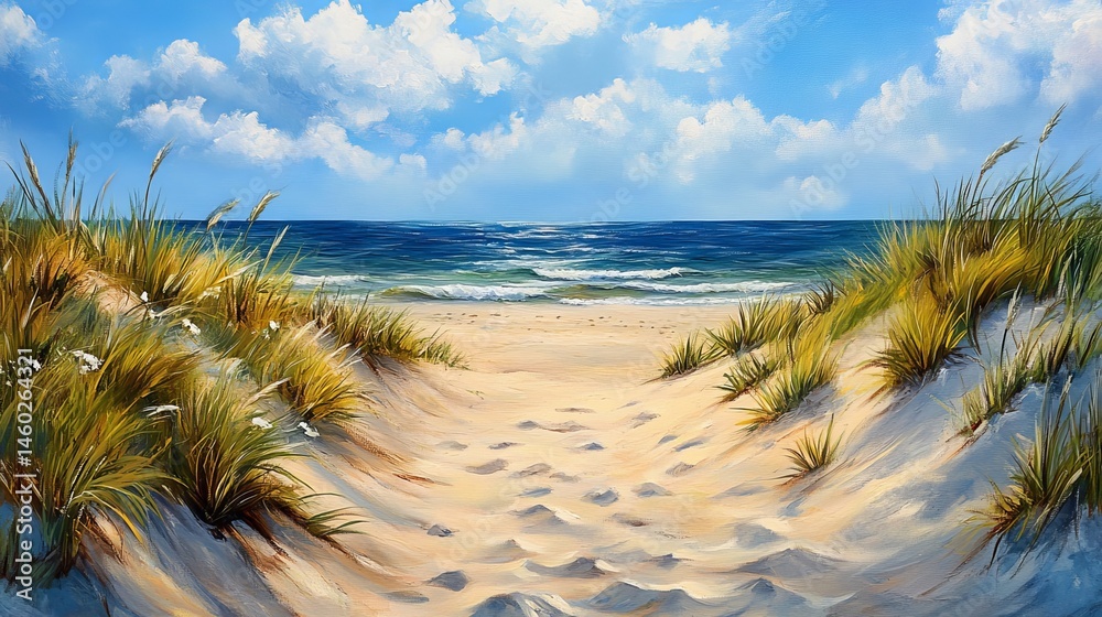 Serene Coastal Path Sandy Beach Summer Ocean View Seascape Painting Tranquil Nature Scene Idyllic Coastal Landscape Beautiful Summer Day Sunny Sky Blue Water Waves Footprints Sand Dunes Serene Coastal Path Sandy Beach Summer Ocean View Seascape Painting Tranquil Nature Scene Idyllic Coastal Landscape Beautiful Summer Day Sunny Sky Blue Water Waves Footprints Sand Dunes