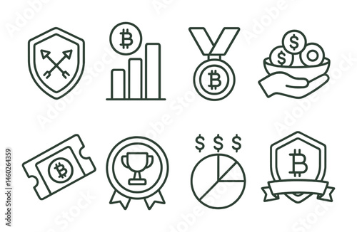 Line style icons of crypto trading: trading contest badge, trading leaderboard icon, top trader medal, trading rewards pool, competition entry ticket, trading tournament icon, prize distribution icon