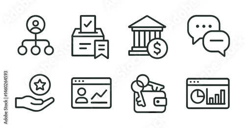 Line style icons of Web3 apps: decentralized autonomous organization (DAO) app, DAO voting portal, treasury management tool, proposal discussion forum, DAO rewards distribution, Web3 community