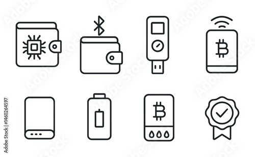 Line style icons of blockchain wallets: wallet hardware compatibility, Bluetooth-connected wallet, USB-C hardware wallet, wireless crypto wallet device, portable backup device, battery-powered wallet