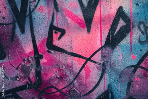 Graffiti wall background, purple and red color palette, close-up, street art style, spray paint drips photo