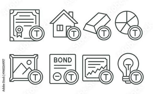 Line style icons of tokenization: tokenized asset certificate, real estate token, gold-backed token, fractional ownership token, tokenized artwork, digital bond token, tokenized stock share,