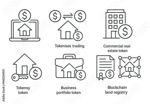 Line style icons of tokenization: real estate investment platform, property token trading, residential property token, commercial real estate token, property rental token, property portfolio token,