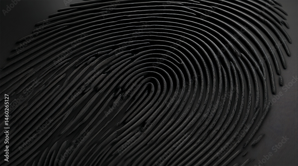Obraz premium Close-up of a textured black fingerprint, showing concentric ridges and furrows, symbolizing identity, security, or uniqueness, ideal for tech or security concepts