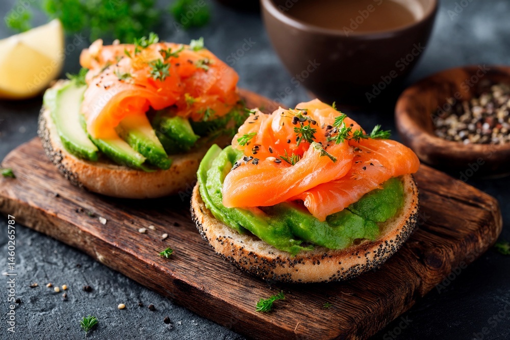 Avocado spread topped with fresh smoked salmon is plated on a rustic wooden board. A cup of coffee and spices nearby create a warm kitchen atmosphere Avocado spread topped with fresh smoked salmon is plated on a rustic wooden board. A cup of coffee and spices nearby create a warm kitchen atmosphere