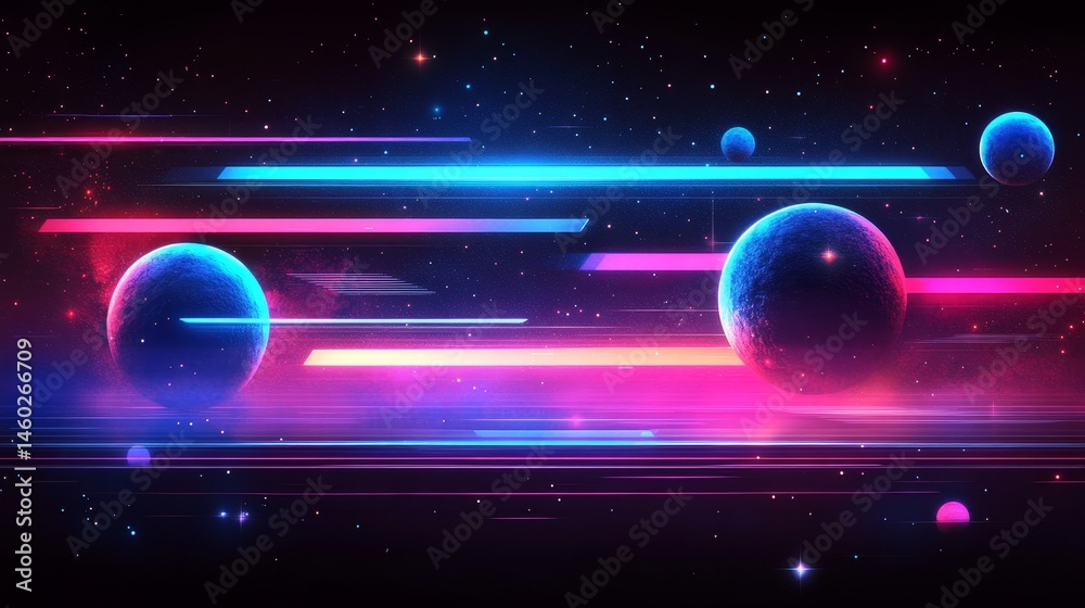 Obraz premium Cosmic neon light streaks across space bodies.