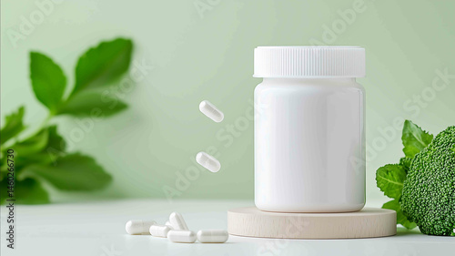 A product photo of an white supplement bottle bottle with a thin white cap and is designed for a womens bhb saltsweight loss supplement The white bottle stands on top of a small roun photo