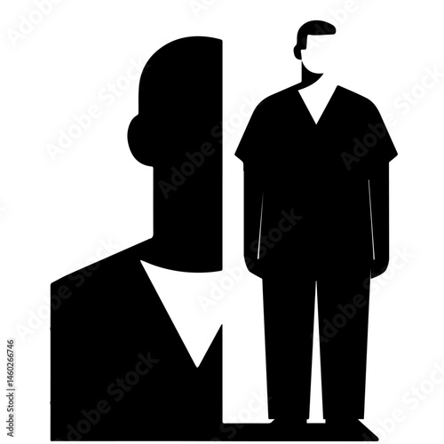 A half-businessman, half-doctor figure stands in stark black and white, symbolizing career choices or transformation. Vector art, minimalist style.