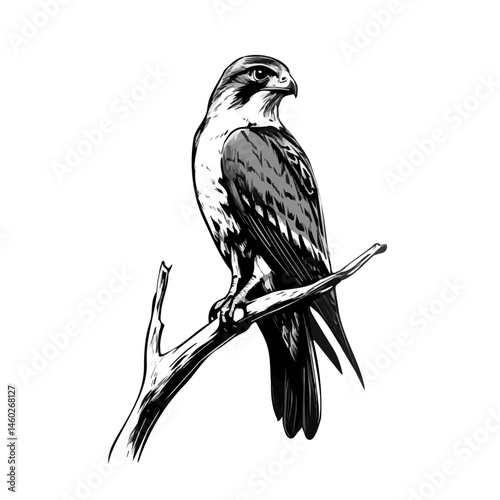 Falcon Perched On A Branch 2D flat vector illustration, isolated on a white background.