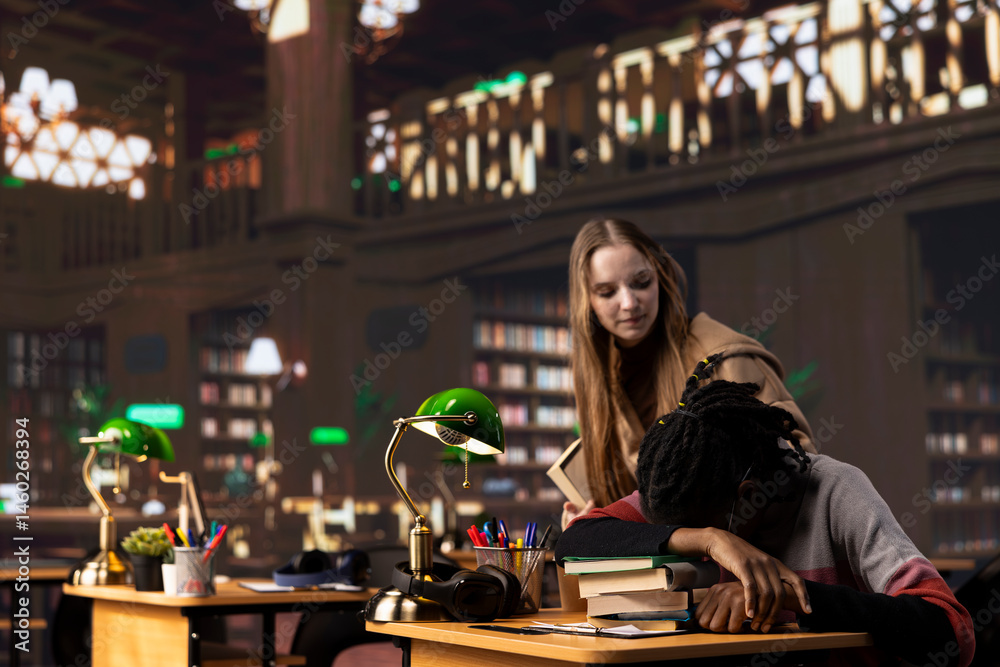 Person waking up african american girl in the university campus library, student falling asleep on her stack of borrowed books. Extremely tired and overwhelmed pupil tries to study all night.
