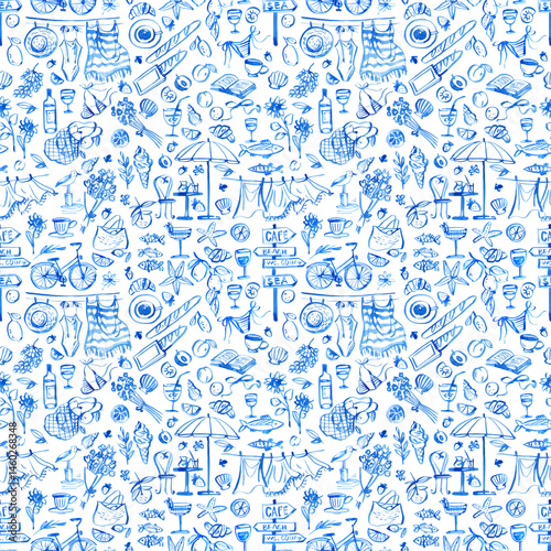 Hand-painted seamless watercolor pattern in La Dolce Vita style – light blue linear illustrations of beach scenes, lemons, swimwear, baguettes, books, picnics, bicycles and summer food