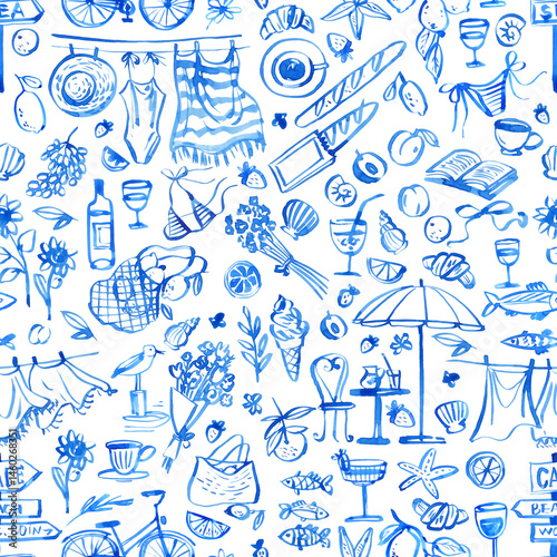 Seamless watercolor pattern inspired by La Dolce Vita – hand-drawn linear sky blue illustrations of beach life, lemons, swimsuits, baguettes, books, picnics, bicycles and food