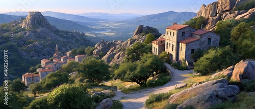 Hillside Village Stone buildings  winding path