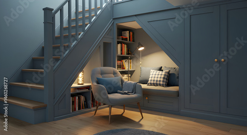 Inviting Reading Nook Beneath the Staircase with Elegant Blue Millwork