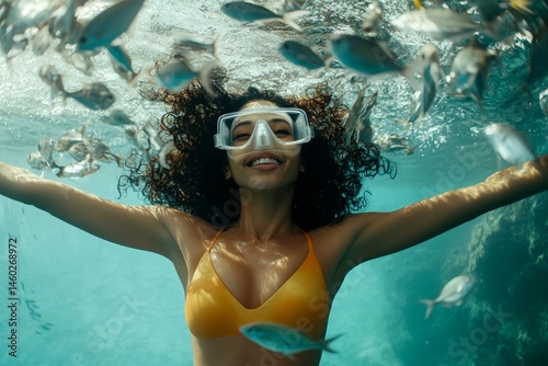 Vacation in a tropical paradise. Bright commercial style image. A pretty and sexy happy asian young woman with curly hair in a swimming mask and fins snorkeling among the corals.