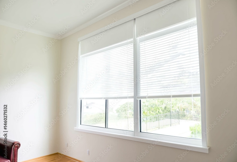 Fototapeta premium A living room with a sliding glass door and white curtains.