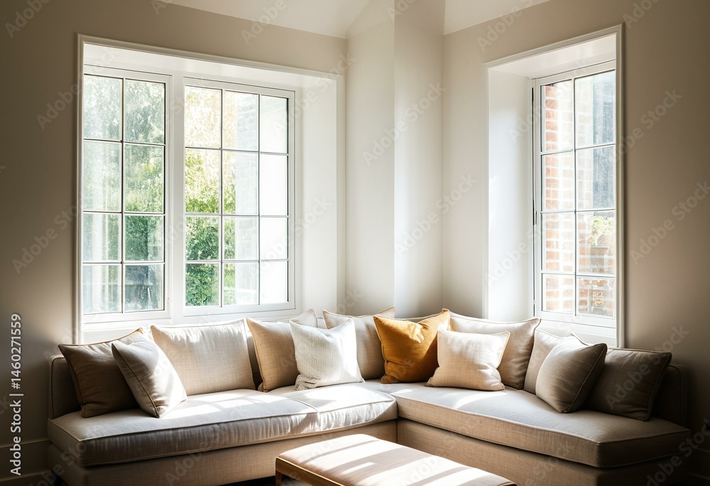 Fototapeta premium A living room with a sectional couch and a window.