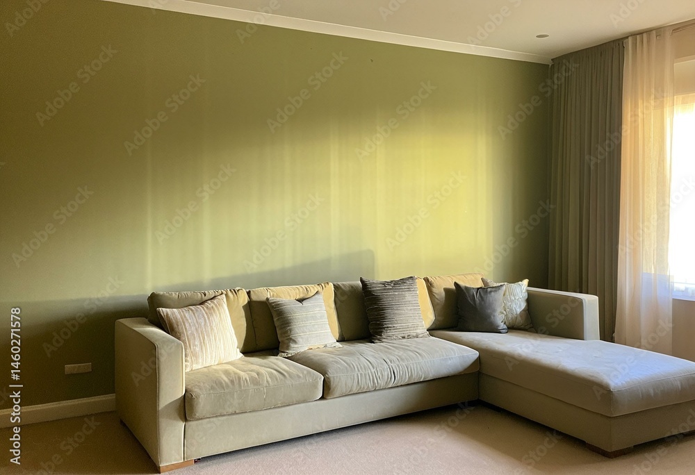 Fototapeta premium A living room with a sectional couch and a window.
