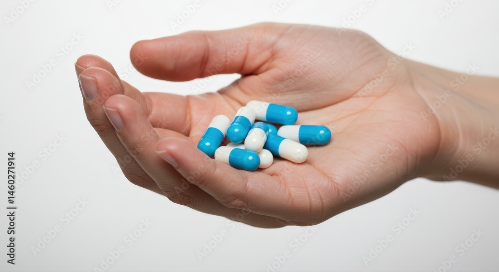 Hand holding blue and white capsules on a plain background Hand holding blue and white capsules on a plain background