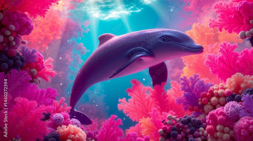 Obraz premium A dolphin swimming in the ocean surrounded by coral reefs