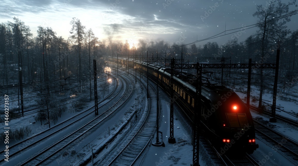 Fototapeta premium A scenic view of a snowy railway winding through a dense forest