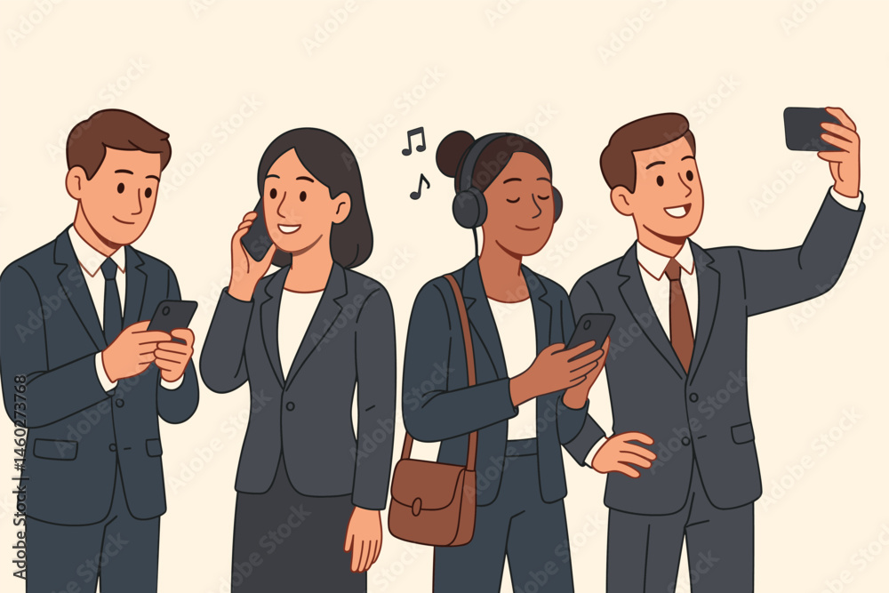 Set of business men and women holding smartphones and texting, talking, listening to music, taking selfie. Group of male and female cartoon characters with mobile phones. Flat Vector illustration.