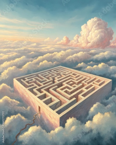 A surreal dreamlike maze floating amidst clouds representing the ethereal nature of hopes and aspirations intertwined with decisionmaking.
