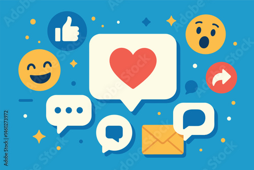 Vector illustration of social media engagement with emojis, likes, shares, comments, and messaging. Bright, appealing flat graphics for digital marketing