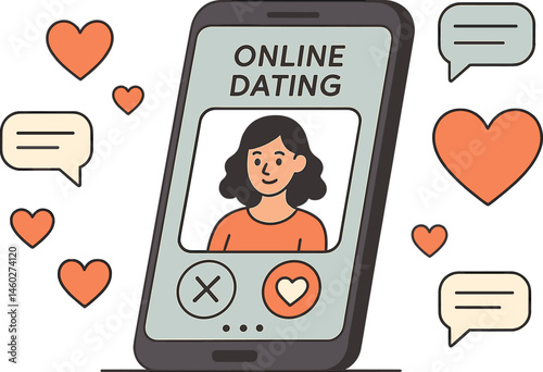 Vector illustration of online dating app with match profile, heart icons, chat bubbles, and mobile interface. Trendy flat design for lifestyle products