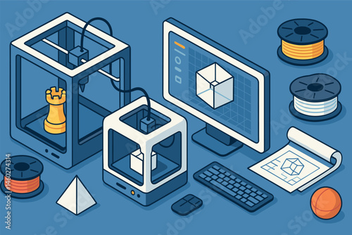 Vector illustration in isometric style of 3D printing technology with printer machines, design models, and filament spools