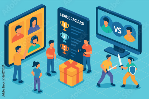 Vector illustration in isometric style of online gaming world with avatars, leaderboards, loot boxes, and multiplayer arenas