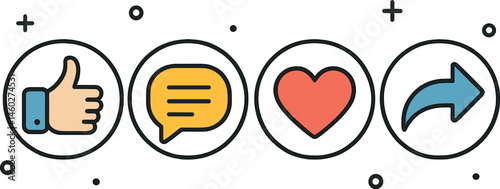 Vector illustration in outline + fill style of social media interactions with thumbs up, comment, heart, and share icons