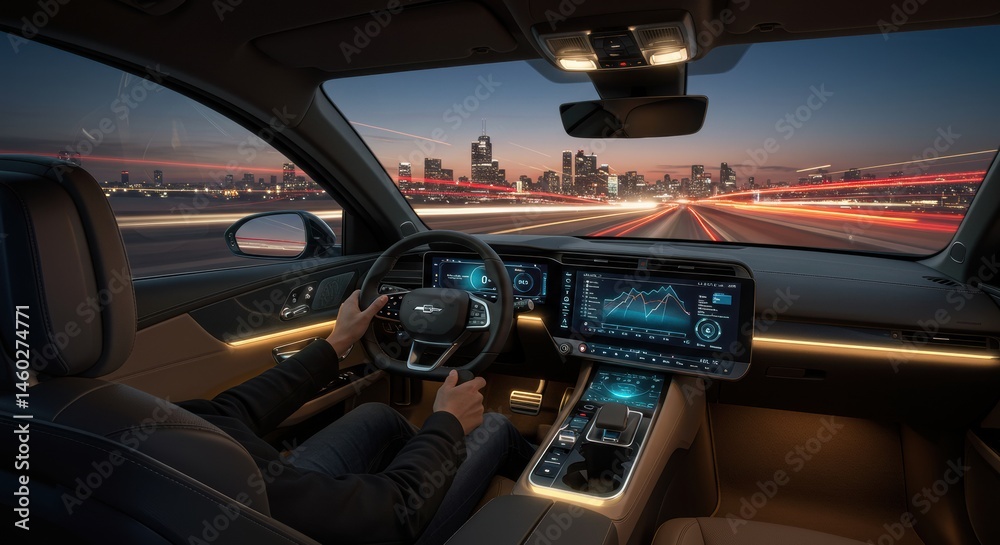 Modern car interior driving through city at night with digital display
