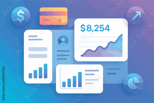 Vector illustration in gradient style of fintech dashboard with smooth curved UI panels and floating financial icons