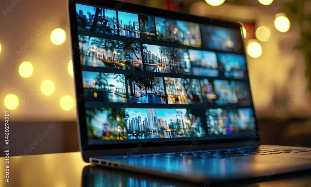 A laptop displaying vibrant urban images in a stylish workspace. A laptop displaying vibrant urban images in a stylish workspace.