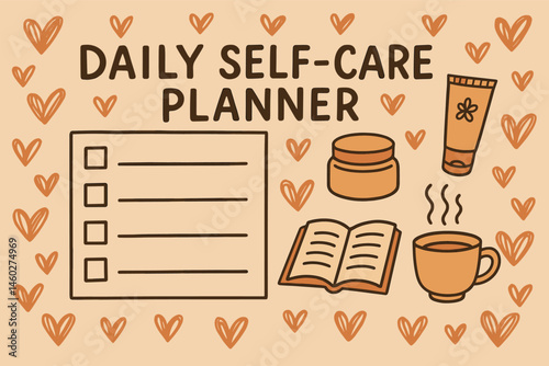 Vector illustration in hand-drawn style of daily self-care planner with scribbled hearts, skincare icons, book and tea cup in warm tones
