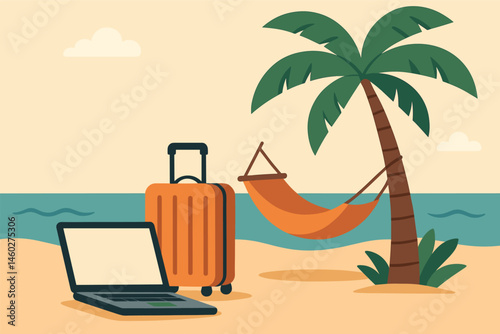 Vector illustration of digital nomad lifestyle with laptop, suitcase, hammock, and palm tree