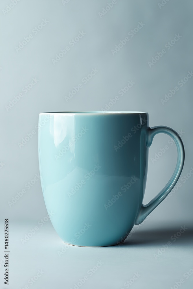 Obraz premium Blue ceramic mug against a soft gray background 