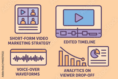 Vector illustration of short-form video marketing strategy with scriptboard, edit timeline, voice-over waveforms, subtitles, and analytics on viewer drop-off