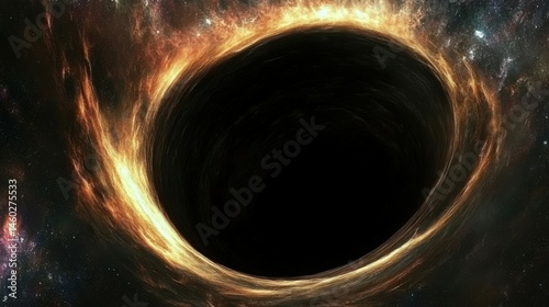 A breathtaking and vivid illustration of a cosmic supermassive black hole at the center of a galaxy, surrounded by swirling, luminous clouds of gas and dust