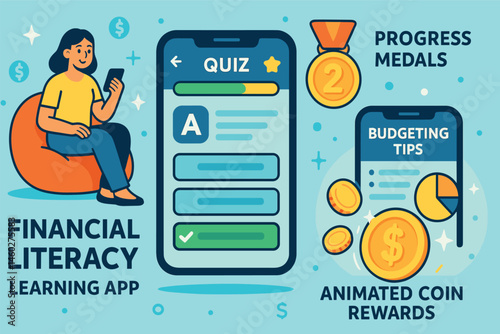 Vector illustration of financial literacy learning app with gamified quizzes, progress medals, budgeting tips, and animated coin rewards