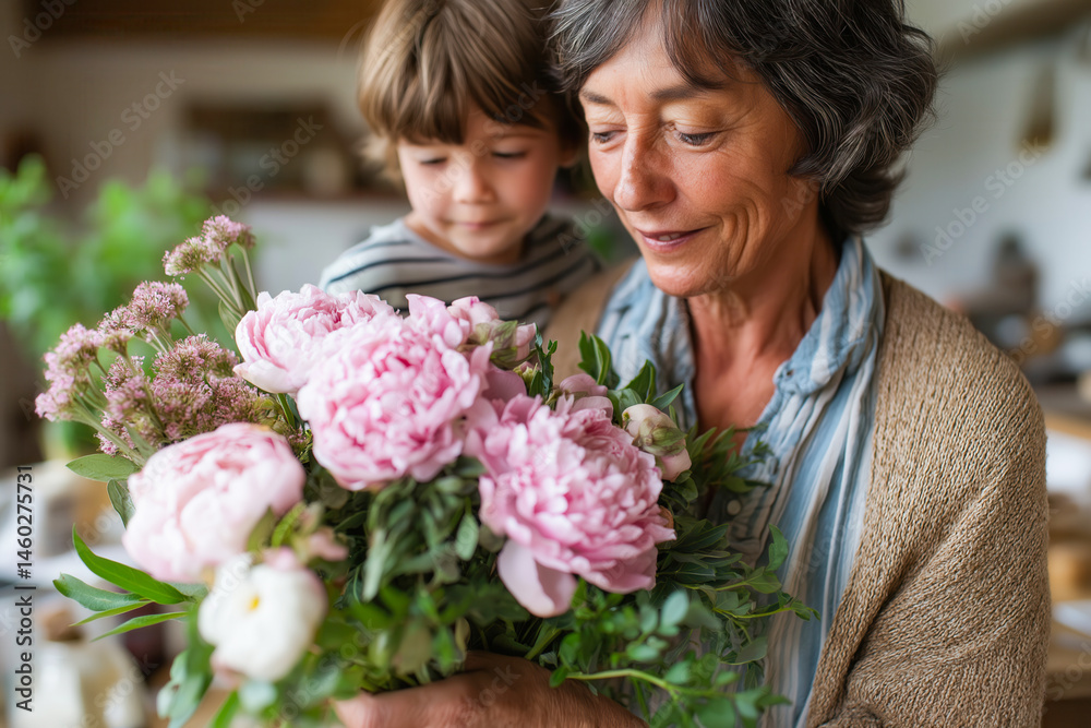 Grandmother smiling while holding a bouquet of flowers with child Grandmother smiling while holding a bouquet of flowers with child