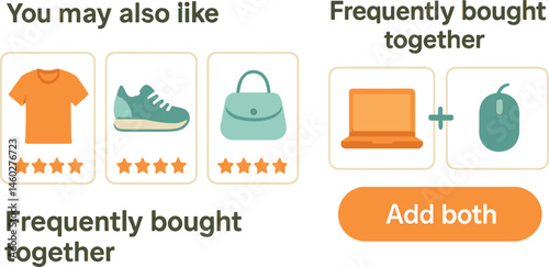 Vector illustration of upsell and cross-sell recommendations block featuring “You may also like” and “Frequently bought together” sections