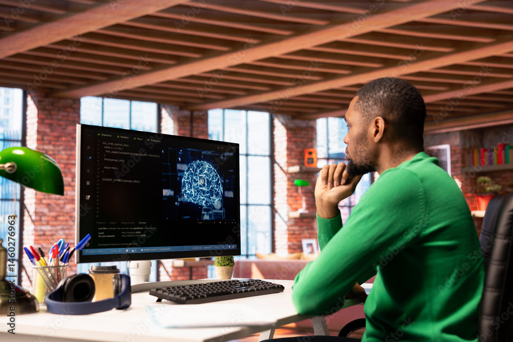 Admin writing code on PC and doing maintenance on artificial intelligence neural networks computerized model. African american tech support expert typing on keyboard, doing checkup on AI systems
