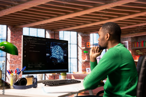Obraz na płótnie Admin writing code on PC and doing maintenance on artificial intelligence neural networks computerized model. African american tech support expert typing on keyboard, doing checkup on AI systems w salonie