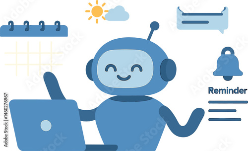 Vector illustration of personal productivity assistant scheduling calendar events, managing reminders, and providing weather updates via chat window