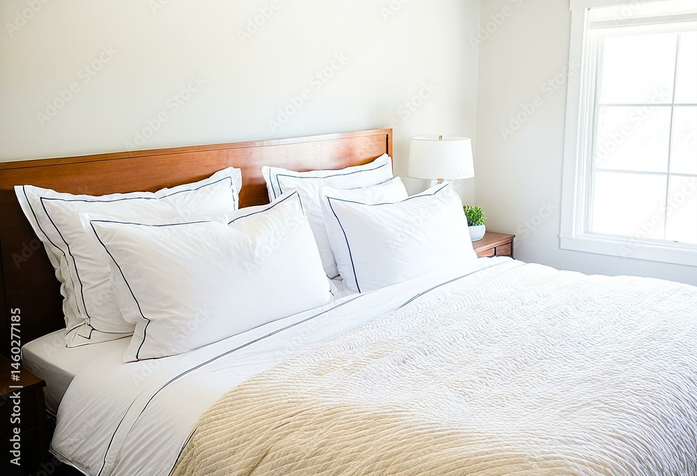 Obraz premium A bed with white sheets and pillows in a bedroom.
