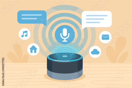 Vector illustration of voice assistant device on table with listening animation, floating icons, and response bubbles