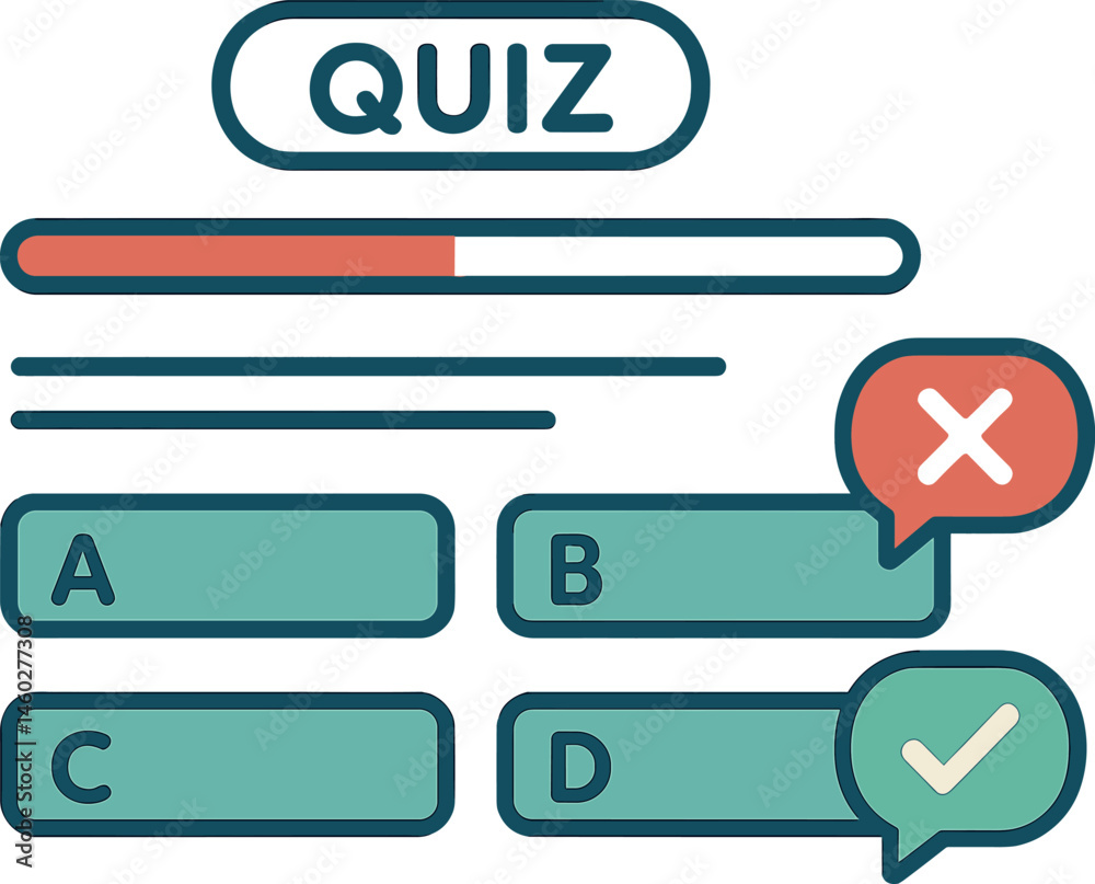 Vector illustration of interactive quiz design with multiple-choice blocks, instant feedback bubbles, and progress bar Vector illustration of interactive quiz design with multiple-choice blocks, instant feedback bubbles, and progress bar